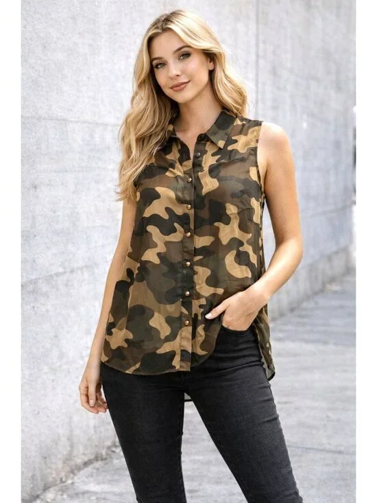 Forever 21 Medium Brown Black Camo Sleeveless Chiffon Blouse Grunge Utility Core - Picture 1 of 12